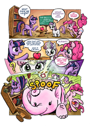 Size: 900x1243 | Tagged: safe, artist:almaska, character:pinkie pie, character:sweetie belle, character:twilight sparkle, species:pony, bookcase, chalkboard, comic, elephant, eyes closed, eyes on the prize, facehoof, female, filly, frown, gritted teeth, levitation, licking, licking lips, looking at something, magic, mare, one eye closed, open mouth, pink elephant, pointing, question mark, raised hoof, smiling, telekinesis, tongue out, underhoof, wide eyes, wingding eyes, wink, zap