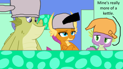 Size: 1366x768 | Tagged: safe, artist:ianpony98, character:sludge, character:smolder, character:spike, species:dragon, series:pony tales, dialogue, kettle, pot, text, veggietales