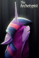 Size: 684x1024 | Tagged: safe, artist:akurion, character:twilight sparkle, species:pony, fanfic:the archetypist, black background, blindfold, fanfic, fanfic art, fanfic cover, female, mare, simple background