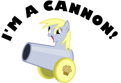 Size: 4000x2738 | Tagged: safe, artist:kalleflaxx, character:derpy hooves, species:pegasus, species:pony, cannon, cute, derp, derpabetes, female, food, inanimate tf, mare, muffin, objectification, open mouth, party cannon, silly, silly pony, simple background, smiling, solo, transformation, transparent background, wat