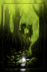 Size: 1782x2700 | Tagged: safe, artist:akurion, species:pony, species:unicorn, fanfic:land of the blind, duo, fanfic, fanfic art, fanfic cover, flower, forest