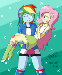 Size: 1000x1200 | Tagged: safe, artist:neutralchilean, character:fluttershy, character:rainbow dash, ship:flutterdash, my little pony:equestria girls, blood, bridal carry, carrying, clothing, female, injured, lesbian, shipping, smiling