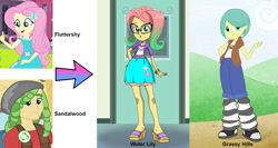 Size: 1576x840 | Tagged: safe, artist:silverbuller, character:fluttershy, character:sandalwood, oc, oc:grassy hills, oc:water lily, parent:fluttershy, parent:sandalwood, parents:sandalshy, equestria girls:equestria girls, g4, my little pony: equestria girls, my little pony:equestria girls, 1000 hours in ms paint, female, geode of fauna, magical geodes, male, next generation, offspring, sandalshy, shipping, straight