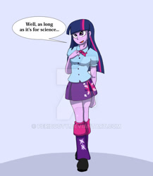 Size: 600x690 | Tagged: dead source, safe, artist:peribooty, character:twilight sparkle, species:human, my little pony:equestria girls, abstract background, bimboification, clothing, cute, deviantart watermark, dialogue, female, incentive drive, leg warmers, miniskirt, obtrusive watermark, open mouth, pleated skirt, shoes, skirt, smiling, solo, speech bubble, standing, watermark