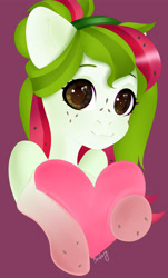 Size: 3272x5408 | Tagged: safe, artist:bestiary, oc, oc only, oc:watermelana, species:pegasus, species:pony, female, freckles, gift art, gradient hooves, heart, heart eyes, hoof hold, looking at you, mare, smiling, solo, wingding eyes