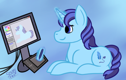 Size: 2300x1450 | Tagged: safe, artist:soupyfox, oc, oc:azure quill, species:pony, species:unicorn, computer, drawing, drawing self, drawing tablet, glowing horn, gradient background, magic, prone, sitting, stylus, telekinesis