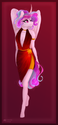Size: 700x1500 | Tagged: safe, artist:copshop, character:princess celestia, species:alicorn, species:anthro, species:pony, species:unguligrade anthro, absolute cleavage, alternate hairstyle, breasts, cleavage, clothing, dress, female, mare, solo