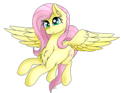 Size: 1339x1032 | Tagged: safe, artist:monsoonvisionz, character:fluttershy, species:pegasus, species:pony, chest fluff, cute, ear fluff, female, mare, shyabetes, simple background, smiling, solo, spread wings, transparent background, wings