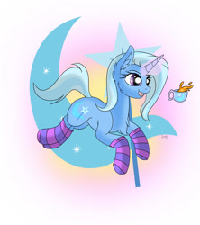 Size: 900x1013 | Tagged: safe, artist:monsoonvisionz, character:trixie, species:pony, clothing, cup, cute, cutie mark background, diatrixes, female, glowing horn, signature, socks, solo, striped socks, teacup, that pony sure does love teacups