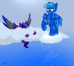 Size: 1065x955 | Tagged: safe, artist:flylash6009, oc, oc:graupel, oc:gust, species:pegasus, species:pony, cloud, colored wings, dog tags, duo, gradient hair, gradient wings, male, pegasus oc, sinking in the cloud, snow, stallion, weather ponies