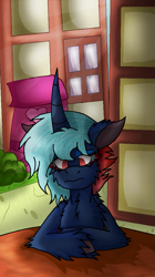 Size: 565x1010 | Tagged: safe, artist:captainofhopes, oc, species:pony, species:unicorn, long horn, solo, table