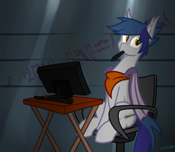 Size: 949x829 | Tagged: safe, artist:flylash6009, oc, oc only, oc:flylash, species:bat pony, species:pony, bat pony oc, computer chair, dark room, drawing tablet, fake cutie mark, looking at you, pen on mouth, sitting, smeared cutie mark, solo, table, unknown texts