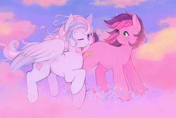 Size: 1280x860 | Tagged: safe, artist:serafelis, character:sky wishes, character:star catcher, species:earth pony, species:pegasus, species:pony, episode:dancing in the clouds, g3, blushing, butterfly, cloud, cute, female, flying, g3 to g4, generation leap, lesbian, looking at each other, mare, one eye closed, raised hoof, scene interpretation, shipping, skycatcher, sparkles, wink