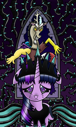Size: 2093x3496 | Tagged: safe, artist:heartshielder1991, character:discord, character:twilight sparkle, character:twilight sparkle (alicorn), oc, oc:plunderseedqueen, species:alicorn, species:pony, black vine, crying, floppy ears, plunder seeds, slit eyes