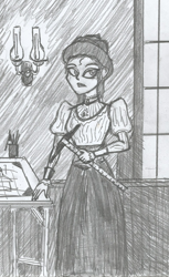 Size: 768x1256 | Tagged: safe, artist:newman134, oc, oc:t square, species:human, my little pony:equestria girls, architect, clothing, draftswoman, dress, monochrome, oc living in a different time period, redesign, redraw, redrawn, victorian
