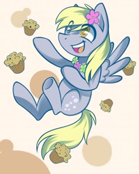 Size: 1980x2480 | Tagged: safe, artist:patchnpaw, character:derpy hooves, species:pegasus, species:pony, female, flower, flower in hair, food, mare, muffin, solo, that pony sure does love muffins