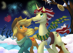 Size: 3850x2800 | Tagged: safe, artist:moostargazer, character:applejack, character:flim, species:earth pony, species:pony, species:unicorn, ship:flimjack, episode:best gift ever, g4, my little pony: friendship is magic, applejack's hat, boater hat, clothing, cowboy hat, female, fireworks, hat, lake, male, new year, outfit, scarf, shipping, snow, straight, tree
