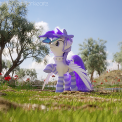 Size: 3000x3000 | Tagged: safe, artist:jankiefx, oc, oc only, species:pony, 3d, bow, butterfly, butterfly on nose, cinema4d, clothing, female, grass, insect on nose, mare, scenery, socks, solo, striped socks, tree
