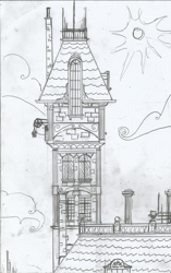 Size: 1040x1660 | Tagged: safe, artist:newman134, my little pony:equestria girls, architecture, building, chimney, conceptual, hand drawing, mansion, monochrome, no characters, original location, pencil drawing, roof, tower, traditional art