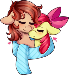 Size: 1580x1721 | Tagged: safe, artist:grapegrass, character:apple bloom, oc, oc:cottonwood kindle, species:earth pony, species:pony, g4, adorabloom, blushing, canon x oc, clothing, commission, cute, earth pony oc, eyes closed, female, floppy ears, heart, male, mare, ocbetes, older, older apple bloom, scarf, shared clothing, shared scarf, simple background, snuggling, stallion, transparent background, ych result