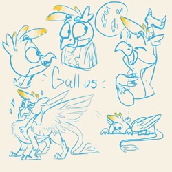 Size: 2048x2048 | Tagged: safe, artist:g-elric, character:gallus, armpits, birb, chest fluff, chibi, cute, gallabetes, majestic, male, singing, sketch, sketch dump, smiling, solo, spread wings, wings