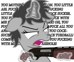 Size: 1287x1080 | Tagged: safe, artist:darkstorm619, oc, oc only, oc:dossier, species:pony, species:unicorn, fanfic:shadow of equestria, angry, blood and concrete, bust, cluster f-bomb, exclamation point, female, floppy ears, glare, glowing horn, gun, horn, interrobang, levitation, looking back, magic, mare, question mark, shotgun, simple background, solo, speech, telekinesis, text, transparent background, vulgar, weapon, wide eyes