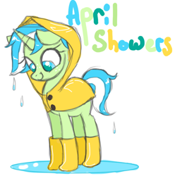 Size: 700x705 | Tagged: safe, artist:janegumball, oc, oc:april showers, species:pony, species:unicorn, adopts, ambiguous gender, looking down, puddle, rain, raincoat, simple background, smiling, solo, white background