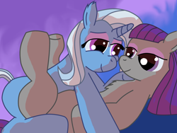 Size: 2048x1536 | Tagged: safe, artist:thecrimsondm, character:maud pie, character:trixie, species:earth pony, species:pony, species:unicorn, ship:mauxie, chest fluff, female, lesbian, shipping, smiling