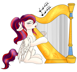Size: 1182x1110 | Tagged: safe, artist:monsoonvisionz, oc, oc only, oc:heriel, species:pegasus, species:pony, commission, eyes closed, female, floppy ears, harp, mare, music notes, musical instrument, open mouth, simple background, solo, transparent background