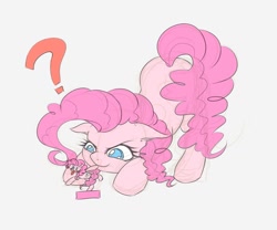 Size: 1200x1000 | Tagged: safe, artist:roya, character:pinkie pie, species:earth pony, species:pony, blep, colored pupils, face down ass up, female, figure, looking at something, mare, question mark, solo, tongue out