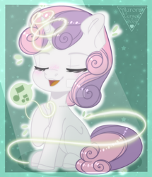 Size: 1280x1488 | Tagged: safe, artist:auroracursed, character:sweetie belle, species:pony, species:unicorn, cute, deviantart watermark, dialogue, diasweetes, eyes closed, female, filly, magic, music notes, obtrusive watermark, open mouth, singing, sitting, solo, speech bubble, watermark