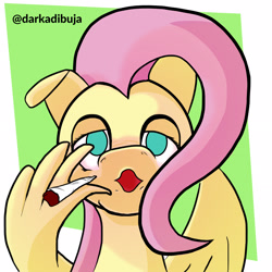 Size: 2230x2230 | Tagged: safe, artist:darka01, character:fluttershy, species:pegasus, species:pony, drugs, female, flutterhigh, flutterjoint, high, marijuana, pink hair, smoke, smoke weed erryday, solo, stoned, wing hands, wings