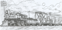 Size: 2188x1076 | Tagged: safe, artist:newman134, species:human, my little pony:equestria girls, 1900s, early 20th century, fanfic idea, hand drawing, human world, monochrome, no pony, pencil drawing, scenery, steam locomotive, telegraph poles, traditional art, train, vehicle, wondercolt statue