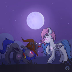 Size: 2100x2100 | Tagged: safe, artist:lycania29, oc, species:bat pony, species:pony, bat pony oc, cat, duo, duo female, female, full moon, moon, night, ring