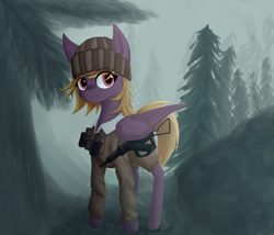 Size: 2800x2400 | Tagged: safe, artist:phi, oc, oc only, species:pegasus, species:pony, equestria at war mod, binoculars, clothing, fog, forest, hat, solo, weapon