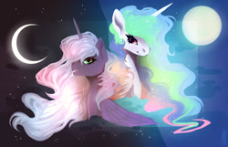 Size: 1024x659 | Tagged: safe, artist:pprinceran, character:princess celestia, character:princess luna, species:alicorn, species:pony, duo, female, mare, moon, royal sisters, siblings, sisters