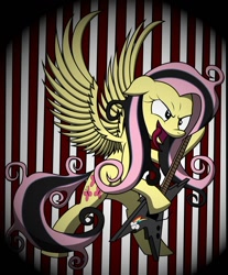 Size: 900x1087 | Tagged: safe, artist:friendshipismetal777, character:fluttershy, species:pegasus, species:pony, abstract background, cutie mark, electric guitar, emoshy, female, guitar, metal, metalhead, rockershy, solo, striped background, tongue out