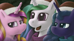 Size: 1920x1080 | Tagged: safe, artist:bronybiscuitbites, character:princess cadance, character:princess celestia, character:princess luna, clothing, hat, santa hat, scarf
