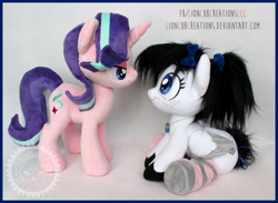 Size: 2300x1686 | Tagged: safe, artist:lioncubcreations, character:starlight glimmer, oc, oc:moon shine, species:pony, alcohol, canon x oc, couple, cute, female, irl, mare, moonshine, photo, plushie, sitting