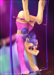 Size: 679x933 | Tagged: safe, artist:copshop, character:trapeze star, species:earth pony, species:pony, clothing, eyeshadow, female, horseshoes, leotard, makeup, mare, solo, trapeze, underhoof