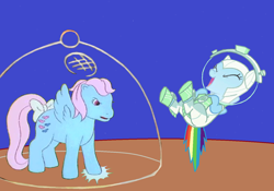 Size: 1466x1024 | Tagged: safe, artist:guihercharly, character:rainbow dash, character:wind whistler, g1, my little pony 'n friends, angry, astrodash, astronaut, clothing, costume, crossover, funny, glass dome, helmet, laughing, moon, practical joke, space, space suit