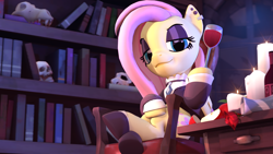 Size: 1920x1080 | Tagged: safe, artist:owlpirate, character:fluttershy, episode:fake it 'til you make it, 3d, apple, apple slice, book, bookshelf, candle, clothing, ear piercing, eyeshadow, female, fluttergoth, food, glass, hooves, jewelry, makeup, piercing, shoes, sitting, sitting up, skull, solo, source filmmaker, wine glass