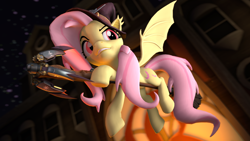 Size: 1920x1080 | Tagged: safe, artist:owlpirate, character:flutterbat, character:fluttershy, species:bat pony, episode:bats!, g4, my little pony: friendship is magic, bat ponified, bat wings, broom, clothing, crossover, hat, mercy, overwatch, race swap, red eyes, wings, witch hat, witch mercy