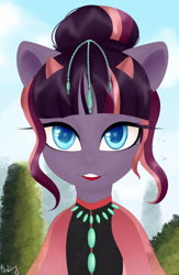 Size: 2154x3312 | Tagged: safe, artist:bestiary, oc, oc:luminous tempo, species:pony, species:unicorn, alternate hairstyle, bicorn, clothing, hair bun, horns, jewelry, looking at you, multicolored hair, shawl, solo