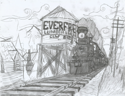 Size: 2191x1691 | Tagged: safe, artist:newman134, my little pony:equestria girls, 19th century, background, everfree forest, forest, hand drawing, human world, monochrome, no characters, no pony, pencil drawing, railroad, railroad tracks, scenery, steam engine, steam locomotive, steam train, telegraph poles, traditional art, train, vehicle
