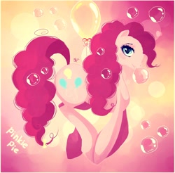 Size: 2400x2360 | Tagged: safe, artist:schwarz-one, character:pinkie pie, species:earth pony, species:pony, balloon, bow, bubble, female, floating, looking at you, mare, solo, tail bow