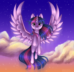 Size: 1638x1600 | Tagged: safe, artist:flyingpony, character:twilight sparkle, character:twilight sparkle (alicorn), species:alicorn, species:pony, cloud, female, flying, mare, sky, smiling, solo, spread wings, stars, twilight (astronomy), windswept mane, windswept tail, wings