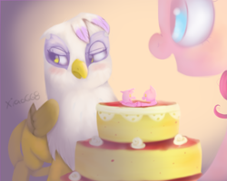 Size: 800x639 | Tagged: safe, artist:xiao668, character:gilda, character:pinkie pie, species:griffon, ship:gildapie, cake, shipping, tsundere
