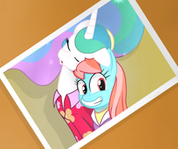 Size: 1024x861 | Tagged: safe, artist:flylash6009, character:princess celestia, character:strawberry ice, species:alicorn, species:earth pony, species:pony, episode:between dark and dawn, g4, my little pony: friendship is magic, clothing, cute, cutelestia, duo, female, hawaiian shirt, looking at you, mare, photo, scene interpretation, selfie, shirt, sleeping, smiling