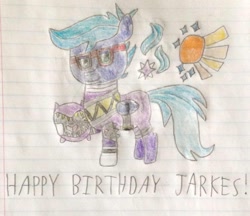 Size: 1143x987 | Tagged: safe, artist:myoozik, derpibooru original, character:starlight glimmer, character:sunburst, oc, oc only, oc:gusty gale, species:pegasus, species:pony, belt, birthday, birthday drawing, boots, clothing, cutie mark, folded wings, glasses, gloves, green eyes, helmet, lined paper, male, photo, purple ranger, shoes, smiling, stallion, suit, super sentai, text, traditional art, wings, zyuden sentai kyoryuger